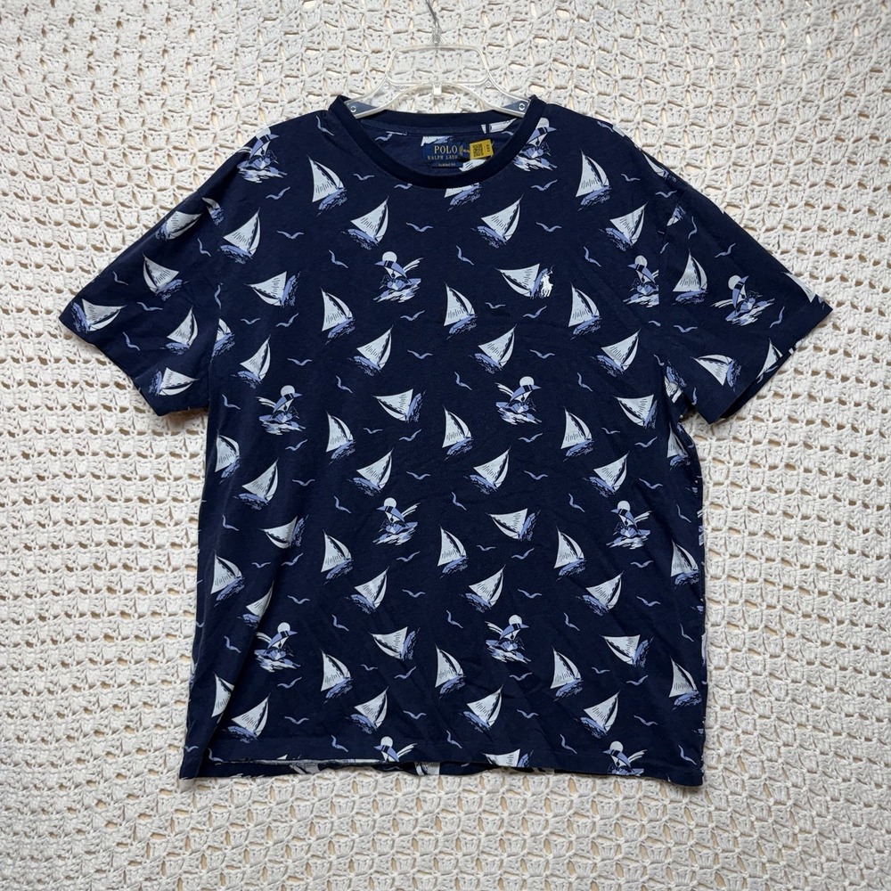 Polo Ralph Lauren T-Shirt Mens XL Navy Blue Sailboat All Over Print Classic Fit